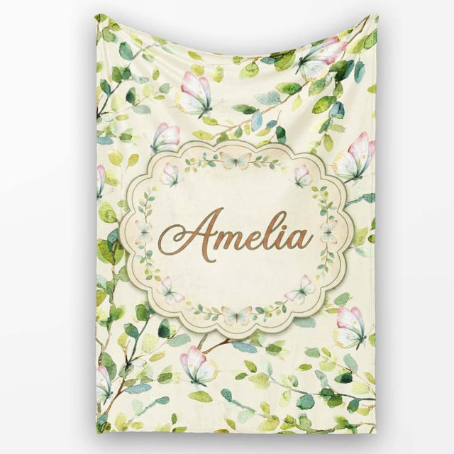 Elegant Watercolor Butterflies and Green Leaves on Soft Cream  Personalised Custom Name Super Soft Fleece Blanket Bed Sofa Throw