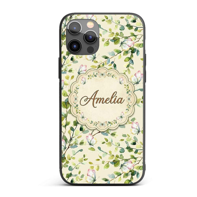 Elegant Watercolor Butterflies and Green Leaves Custom Name Protective Phone Case Mobile Cover Durable Everyday Smartphone Shock Resistant