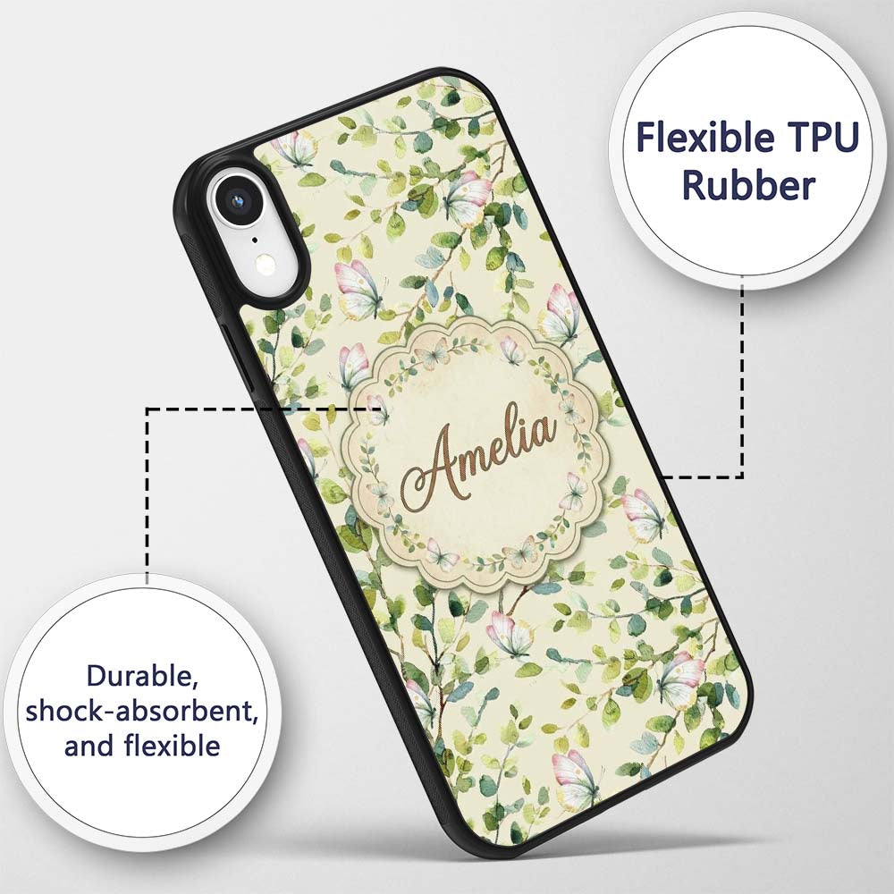 Elegant Watercolor Butterflies and Green Leaves Custom Name Protective Phone Case Mobile Cover Durable Everyday Smartphone Shock Resistant