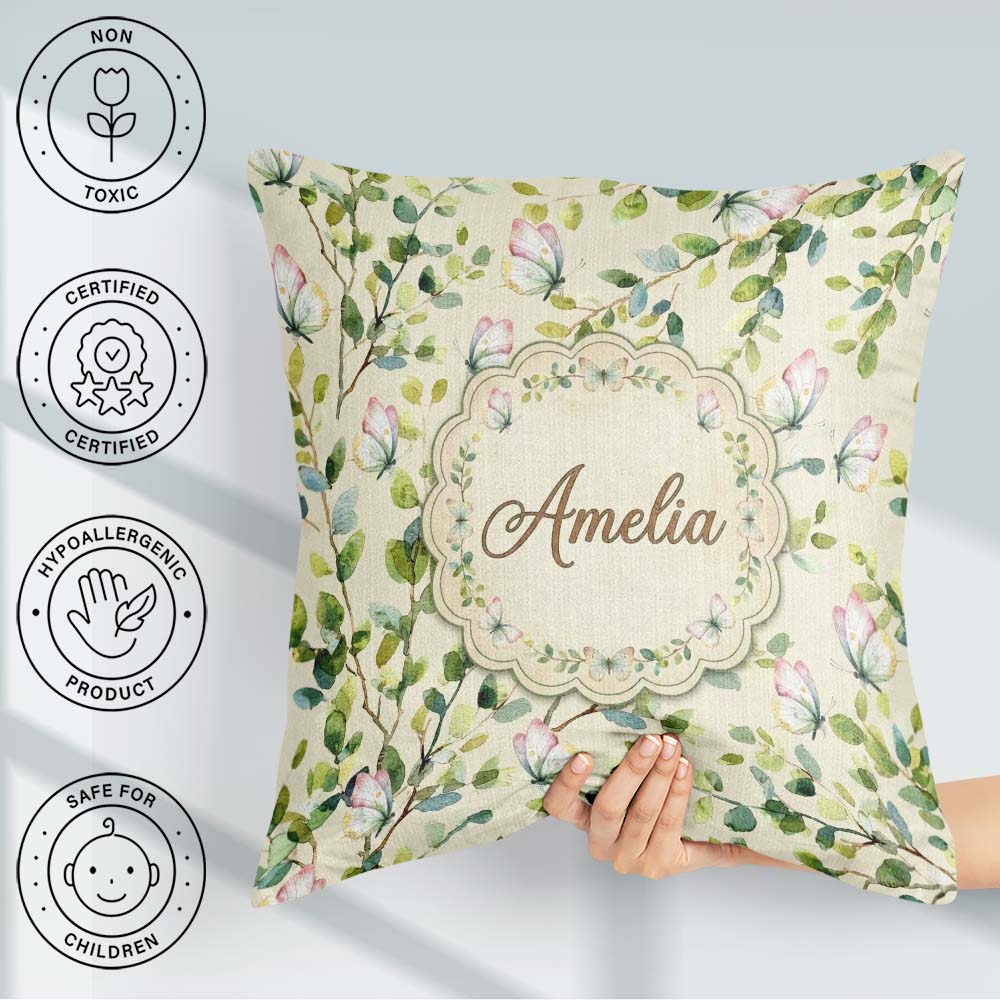 Custom Name Elegant Butterflies and Green Leaves on Soft Cream Square Filled Cushion Throw Pillow Sofa Bed Home Decor Zip Washable UK Made