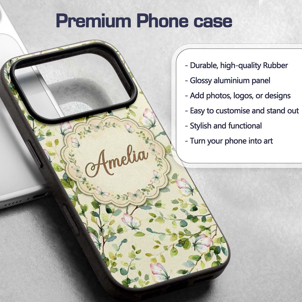 Elegant Watercolor Butterflies and Green Leaves Custom Name Protective Phone Case Mobile Cover Durable Everyday Smartphone Shock Resistant