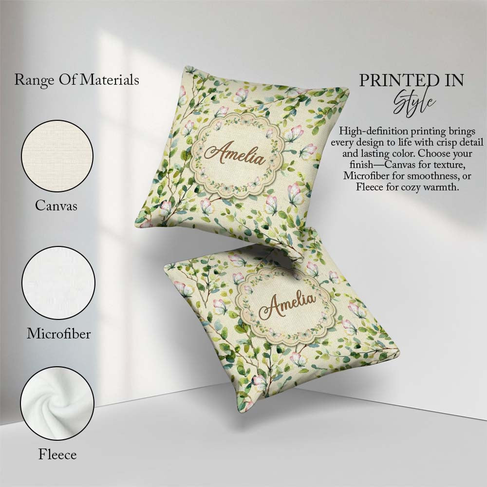 Custom Name Elegant Butterflies and Green Leaves on Soft Cream Square Filled Cushion Throw Pillow Sofa Bed Home Decor Zip Washable UK Made