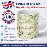 Personalized Custom Name Elegant Watercolor Butterflies and Green Leaves on Soft Cream 11oz Ceramic Coffee Tea Mug White Large Handle