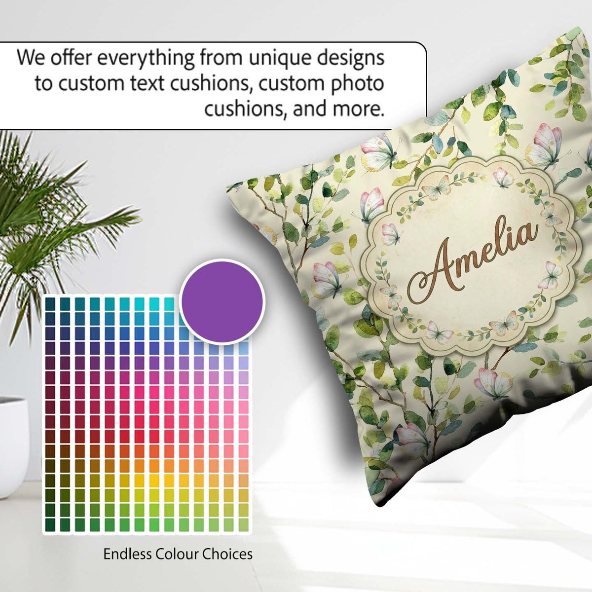 Custom Name Elegant Butterflies and Green Leaves on Soft Cream Square Filled Cushion Throw Pillow Sofa Bed Home Decor Zip Washable UK Made