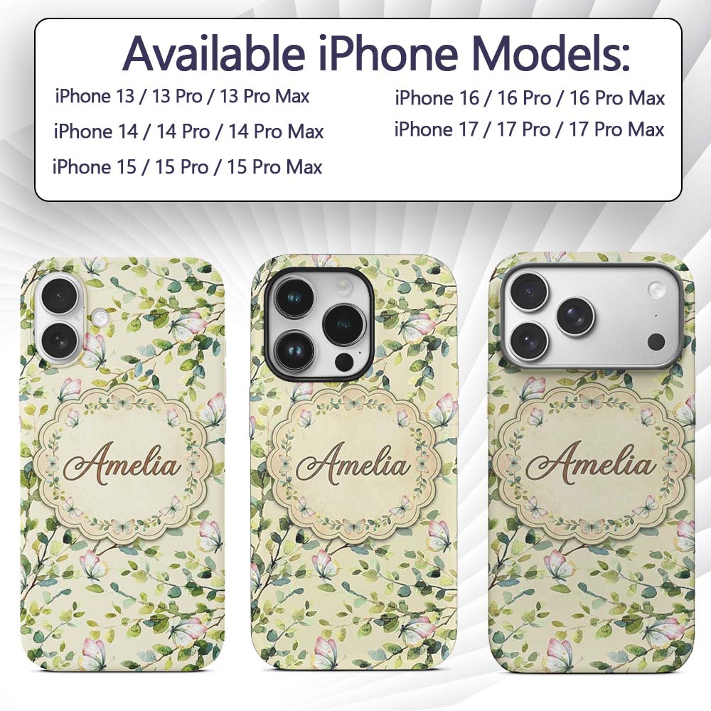 Elegant Watercolor Butterflies and Green Leaves Custom Name Protective Phone Case Mobile Cover Durable Everyday Smartphone Shock Resistant