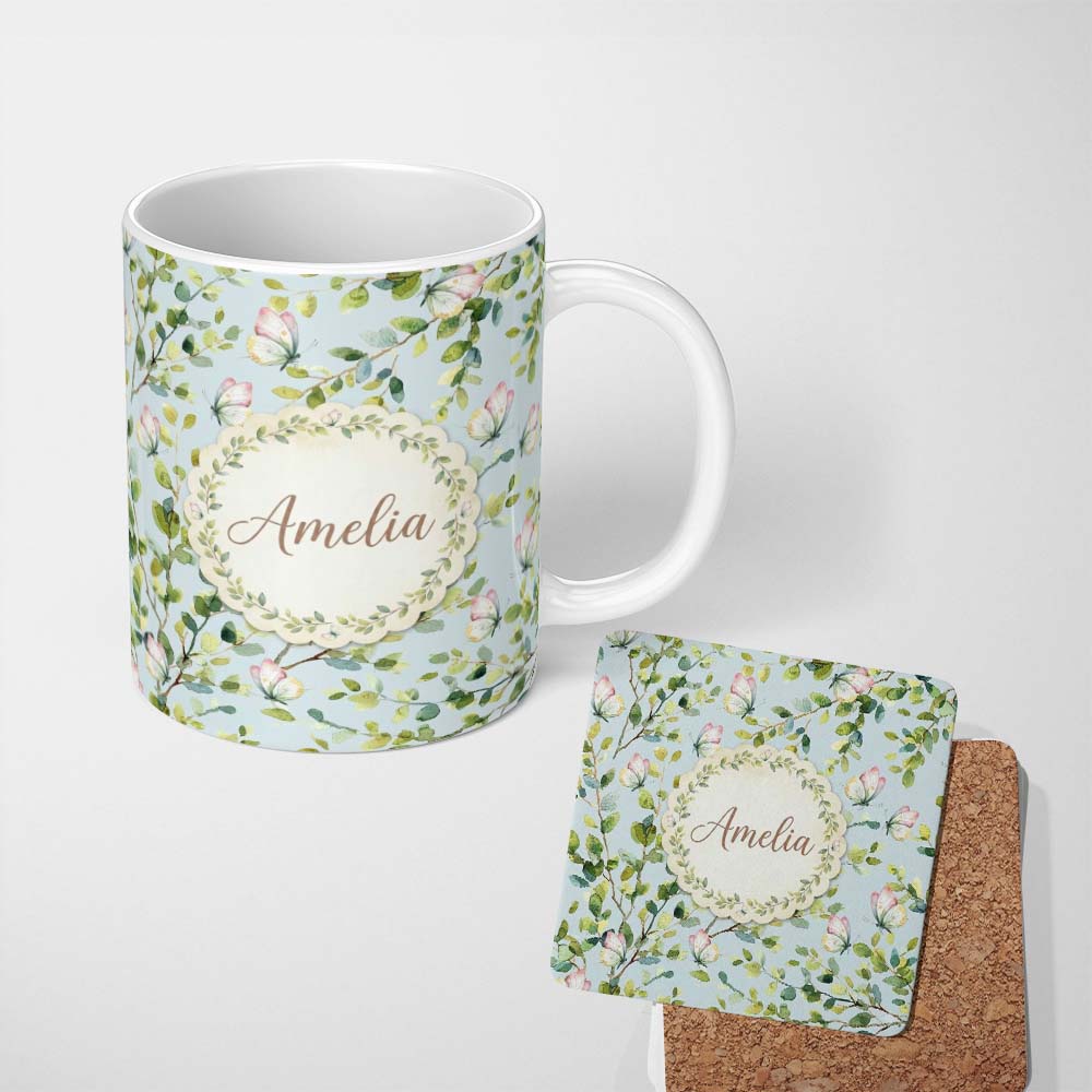 Personalized Custom Name Elegant Watercolor Butterflies and Green Leaves on Light Blue 11oz Ceramic Coffee Tea Mug White Large Handle
