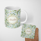 Personalized Custom Name Elegant Watercolor Butterflies and Green Leaves on Light Blue 11oz Ceramic Coffee Tea Mug White Large Handle