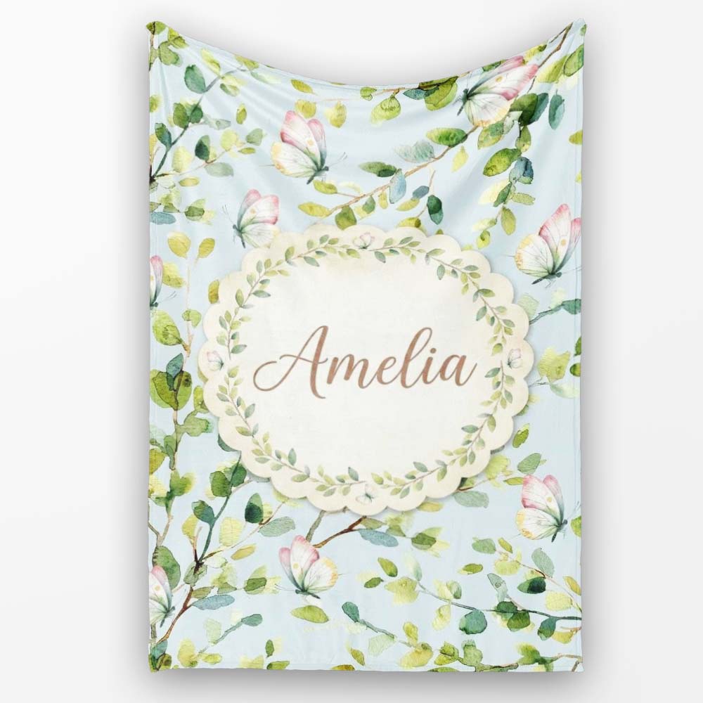 Elegant Watercolor Butterflies and Green Leaves on Light Blue  Personalised Custom Name Super Soft Fleece Blanket Bed Sofa Throw