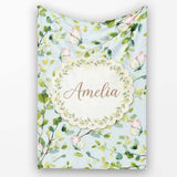 Elegant Watercolor Butterflies and Green Leaves on Light Blue  Personalised Custom Name Super Soft Fleece Blanket Bed Sofa Throw