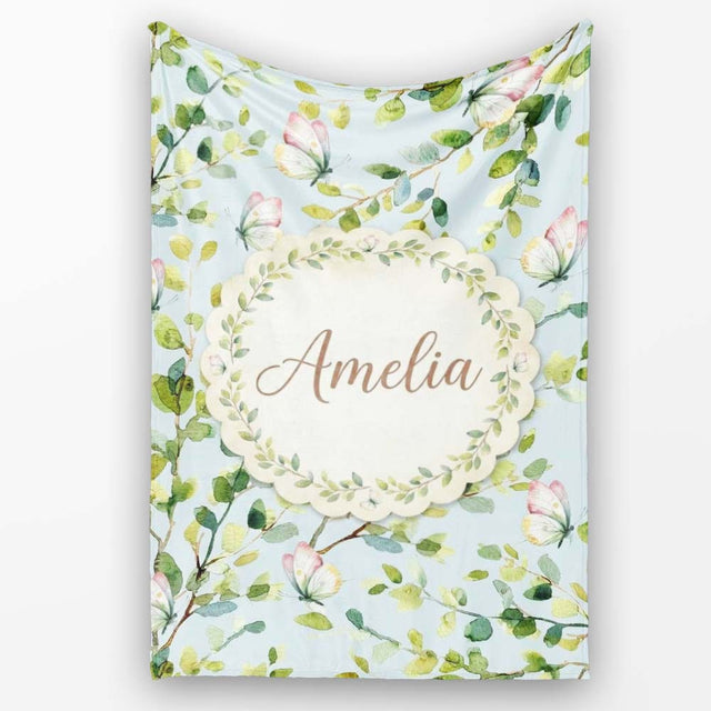 Elegant Watercolor Butterflies and Green Leaves on Light Blue  Personalised Custom Name Super Soft Fleece Blanket Bed Sofa Throw