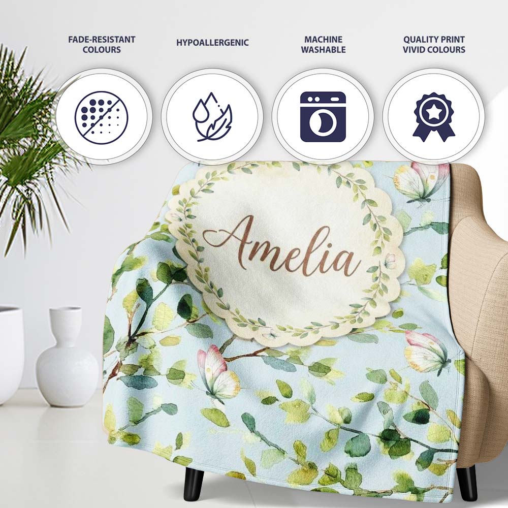 Elegant Watercolor Butterflies and Green Leaves on Light Blue  Personalised Custom Name Super Soft Fleece Blanket Bed Sofa Throw
