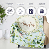 Elegant Watercolor Butterflies and Green Leaves on Light Blue  Personalised Custom Name Super Soft Fleece Blanket Bed Sofa Throw