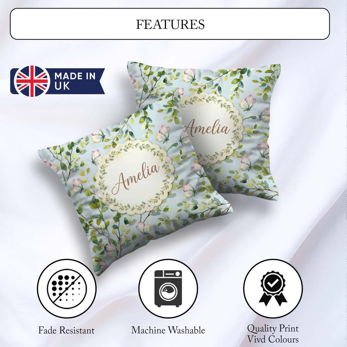 Custom Name Elegant Butterflies and Green Leaves on Light Blue Square Filled Cushion Throw Pillow Sofa Bed Home Decor Zip Washable UK Made