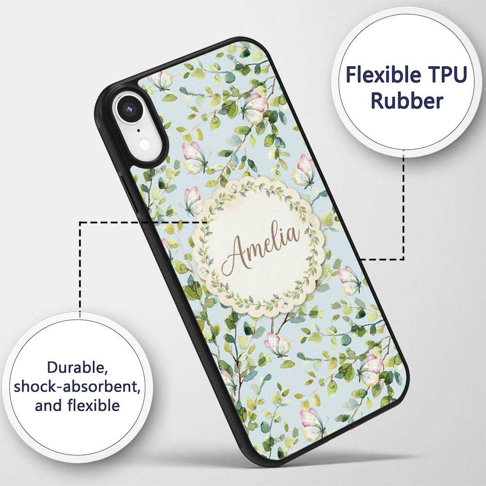 Elegant Watercolor Butterflies and Green Leaves Custom Name Protective Phone Case Mobile Cover Durable Everyday Smartphone Shock Resistant