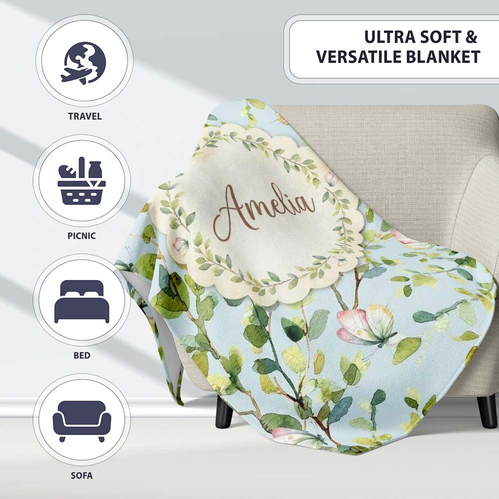Elegant Watercolor Butterflies and Green Leaves on Light Blue  Personalised Custom Name Super Soft Fleece Blanket Bed Sofa Throw