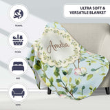 Elegant Watercolor Butterflies and Green Leaves on Light Blue  Personalised Custom Name Super Soft Fleece Blanket Bed Sofa Throw