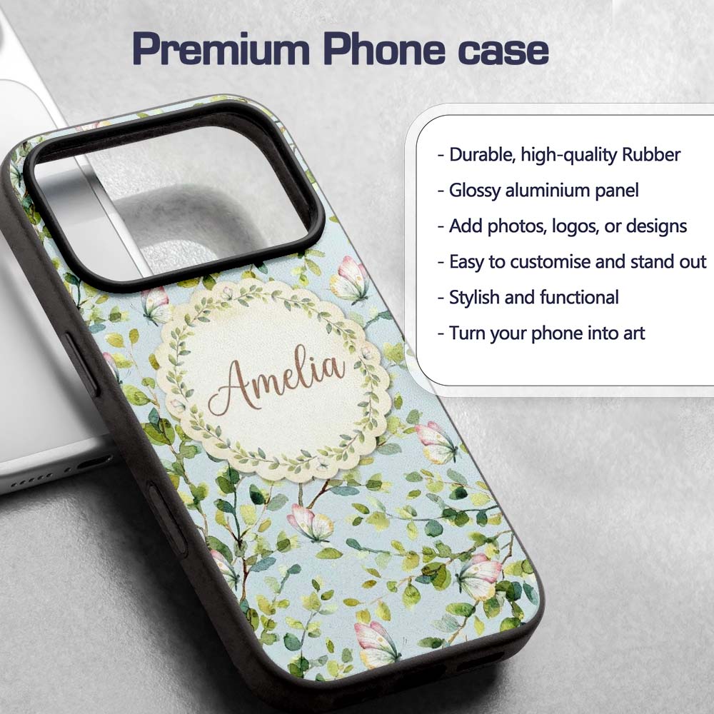 Elegant Watercolor Butterflies and Green Leaves Custom Name Protective Phone Case Mobile Cover Durable Everyday Smartphone Shock Resistant