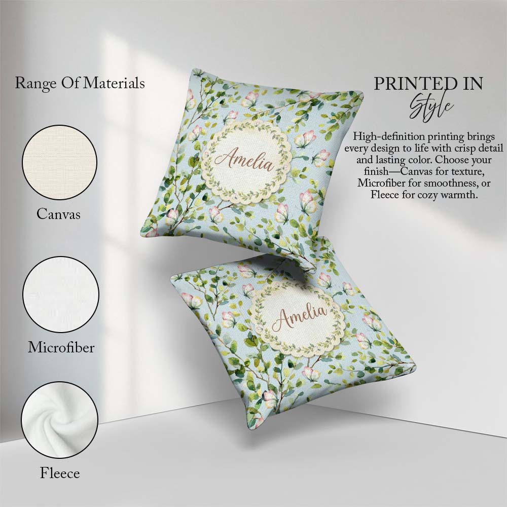 Custom Name Elegant Butterflies and Green Leaves on Light Blue Square Filled Cushion Throw Pillow Sofa Bed Home Decor Zip Washable UK Made