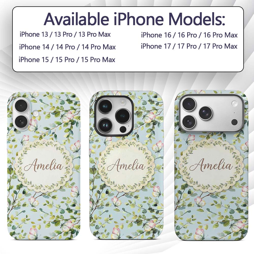 Elegant Watercolor Butterflies and Green Leaves Custom Name Protective Phone Case Mobile Cover Durable Everyday Smartphone Shock Resistant