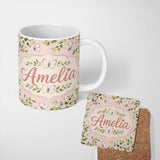 Personalized Custom Name Elegant Watercolor Butterflies and Green Leaves on Blush Pink 11oz Ceramic Coffee Tea Mug White Large Handle