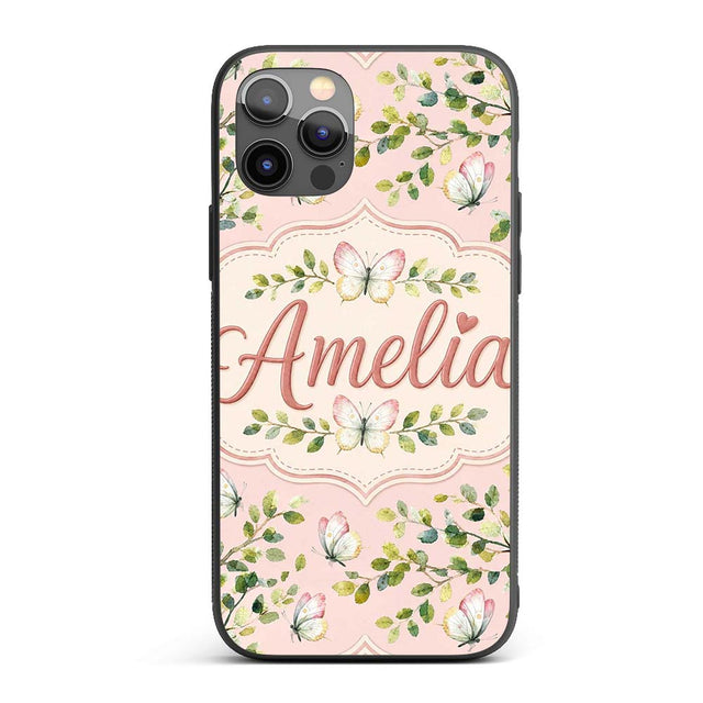 Elegant Watercolor Butterflies and Green Leaves Custom Name Protective Phone Case Mobile Cover Durable Everyday Smartphone Shock Resistant