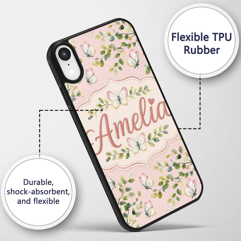 Elegant Watercolor Butterflies and Green Leaves Custom Name Protective Phone Case Mobile Cover Durable Everyday Smartphone Shock Resistant