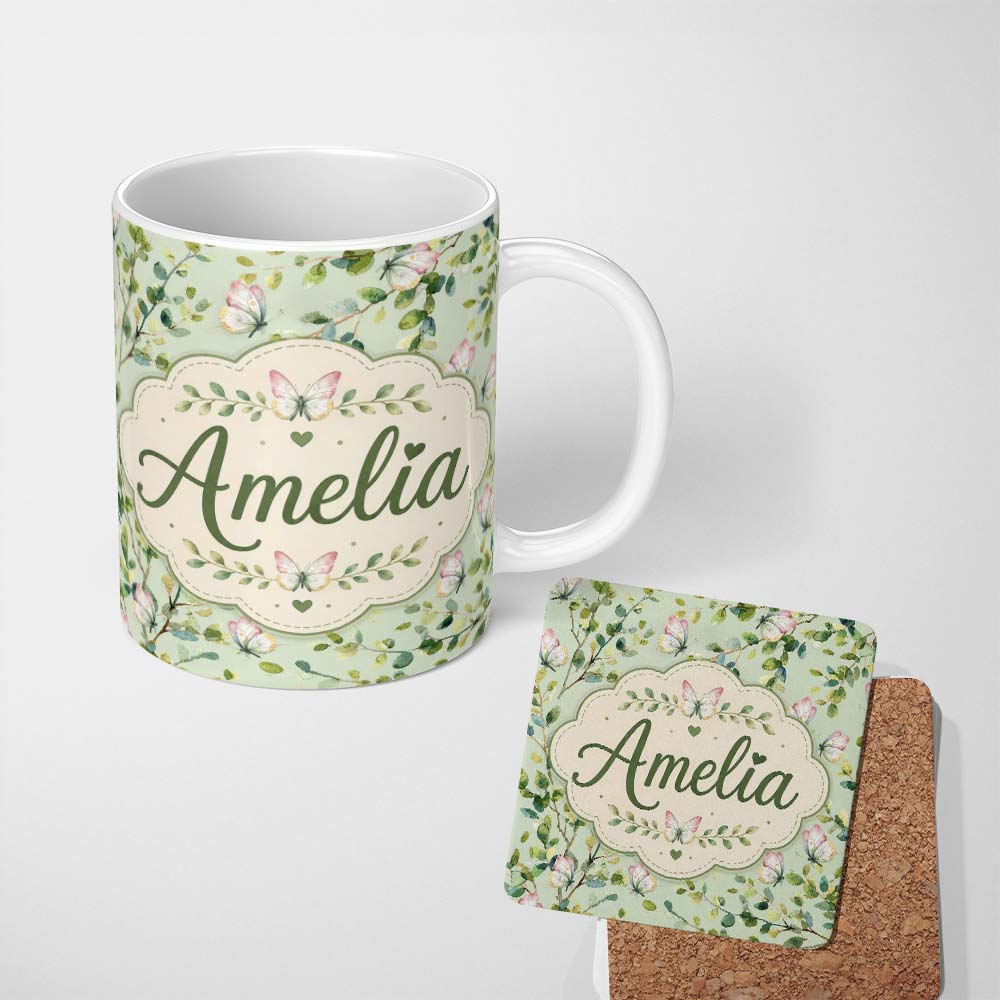 Personalized Custom Name Elegant Watercolor Butterflies and Green Leaves on Sage Seamless 11oz Ceramic Coffee Tea Mug White Large Handle