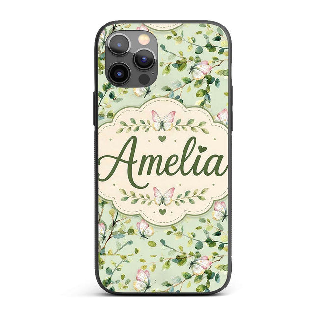 Elegant Watercolor Butterflies and Green Leaves Custom Name Protective Phone Case Mobile Cover Durable Everyday Smartphone Shock Resistant