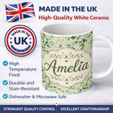 Personalized Custom Name Elegant Watercolor Butterflies and Green Leaves on Sage Seamless 11oz Ceramic Coffee Tea Mug White Large Handle