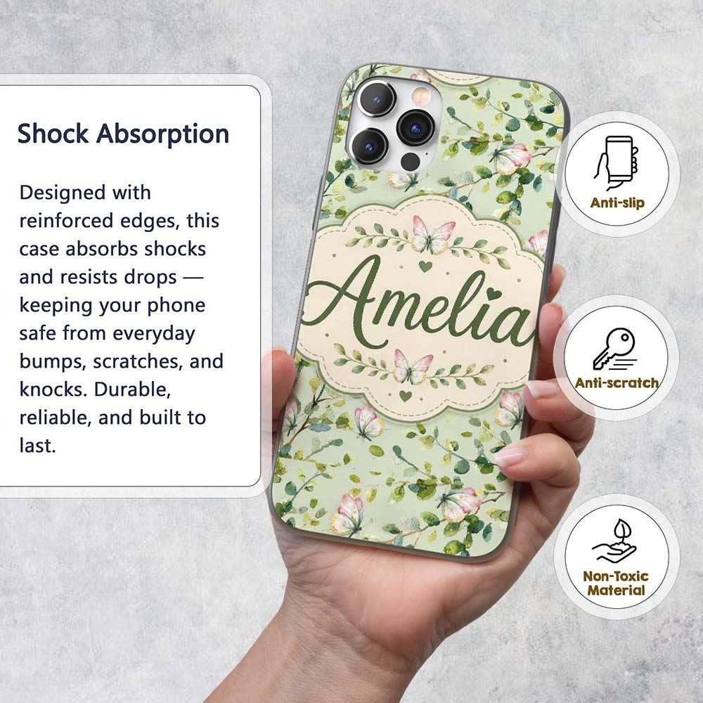 Elegant Watercolor Butterflies and Green Leaves Custom Name Protective Phone Case Mobile Cover Durable Everyday Smartphone Shock Resistant