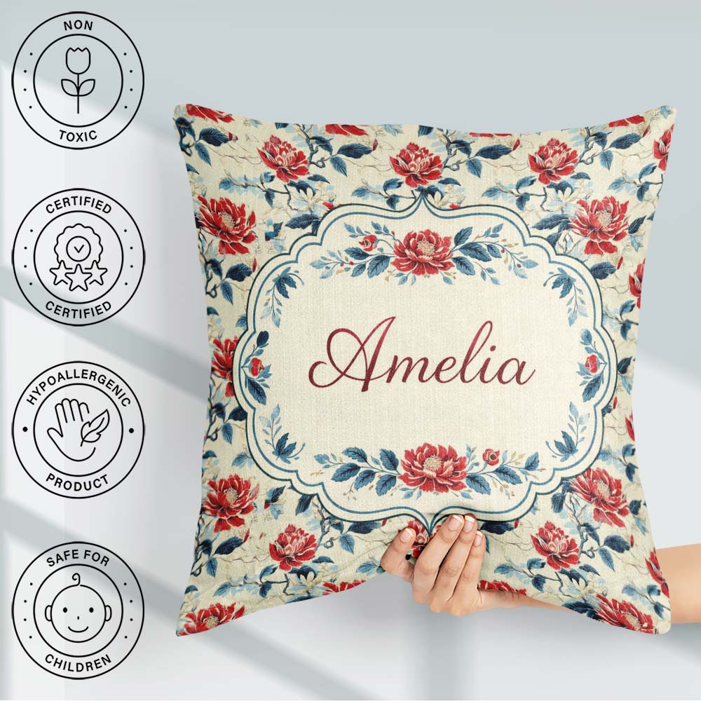 Custom Name Oriental Inspired Floral Cream Background Decorative Square Filled Cushion Throw Pillow Sofa Bed Home Decor Zip Washable UK Made