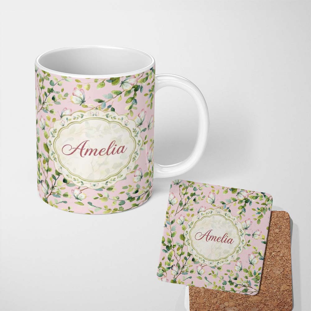 Personalized Custom Name Elegant Watercolor Butterflies and Green Leaves on Muted Seamless 11oz Ceramic Coffee Tea Mug White Large Handle