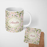 Personalized Custom Name Elegant Watercolor Butterflies and Green Leaves on Muted Seamless 11oz Ceramic Coffee Tea Mug White Large Handle