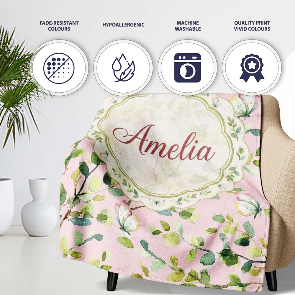 Elegant Watercolor Butterflies and Green Leaves on Muted Seamless  Personalised Custom Name Super Soft Fleece Blanket Bed Sofa Throw