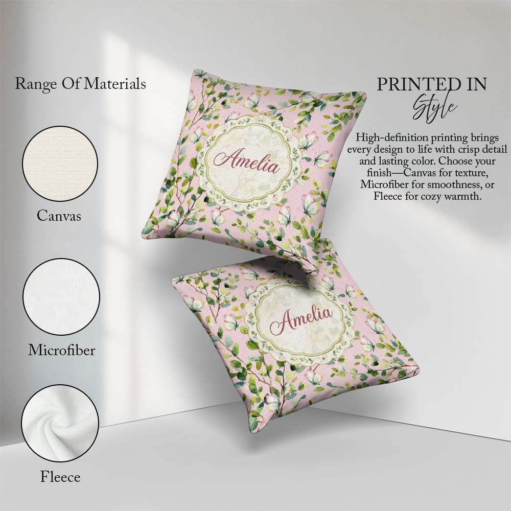 Custom Name Elegant Watercolor Butterflies Green Leaves on Muted Square Filled Cushion Throw Pillow Sofa Bed Home Decor Zip Washable UK Made