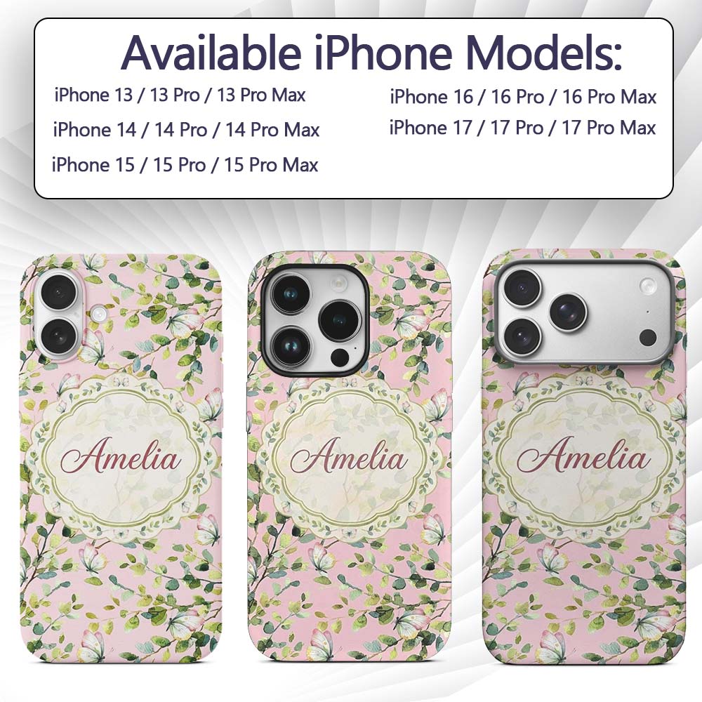 Elegant Watercolor Butterflies and Green Leaves Custom Name Protective Phone Case Mobile Cover Durable Everyday Smartphone Shock Resistant