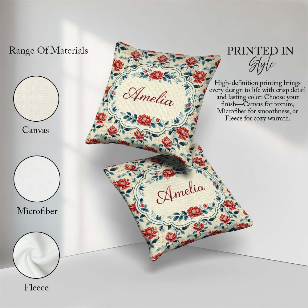 Custom Name Oriental Inspired Floral Cream Background Decorative Square Filled Cushion Throw Pillow Sofa Bed Home Decor Zip Washable UK Made