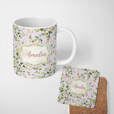 Personalized Custom Name Elegant Watercolor Butterflies and Green Leaves on Dusty Pink 11oz Ceramic Coffee Tea Mug White Large Handle