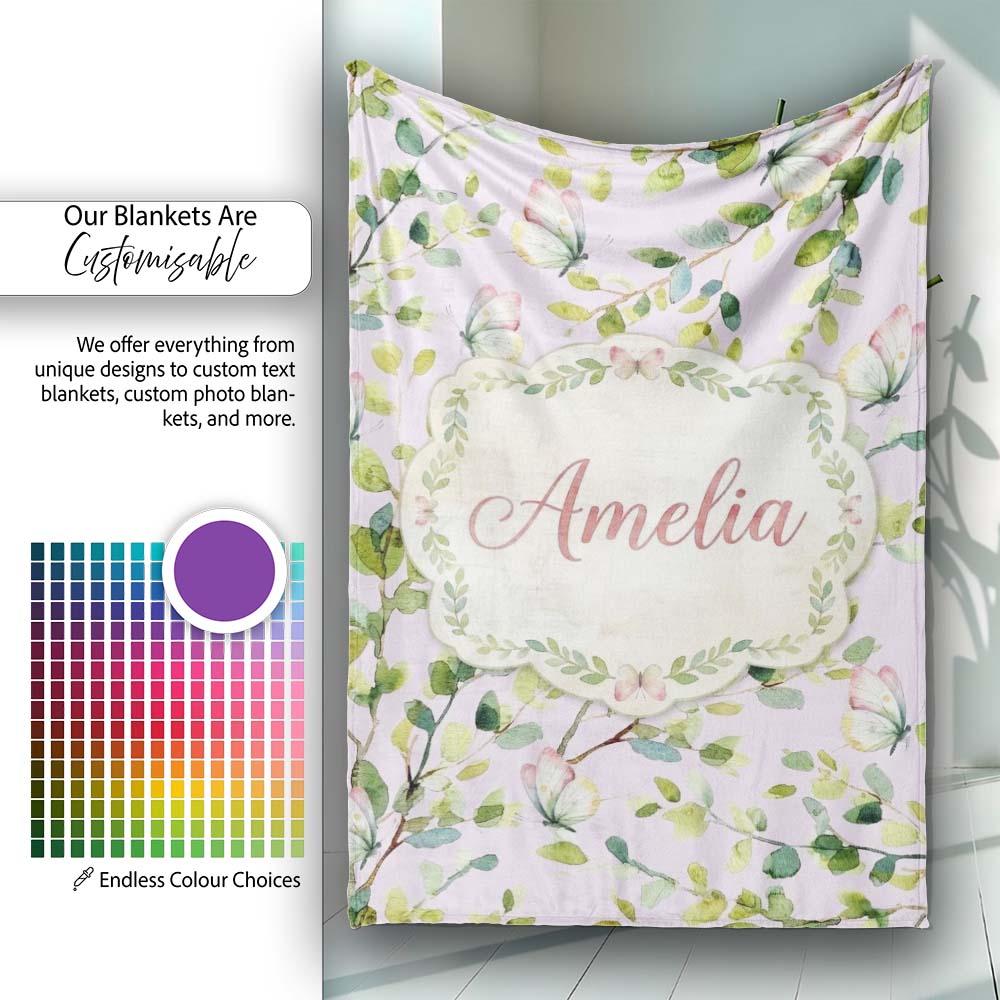 Elegant Watercolor Butterflies and Green Leaves on Dusty Pink  Personalised Custom Name Super Soft Fleece Blanket Bed Sofa Throw