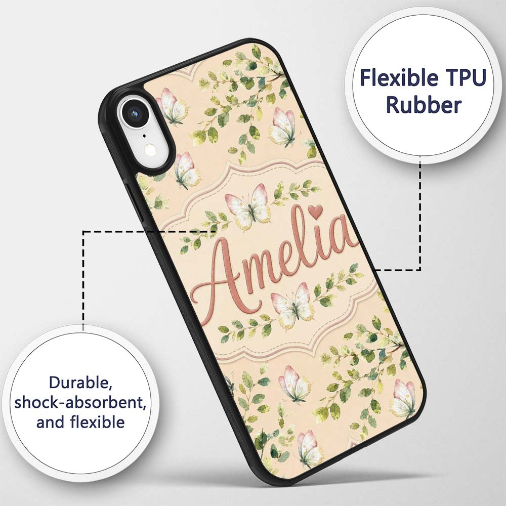Elegant Watercolor Butterflies and Leaves on Custom Name Protective Phone Case Mobile Cover Durable Everyday Smartphone Shock Resistant