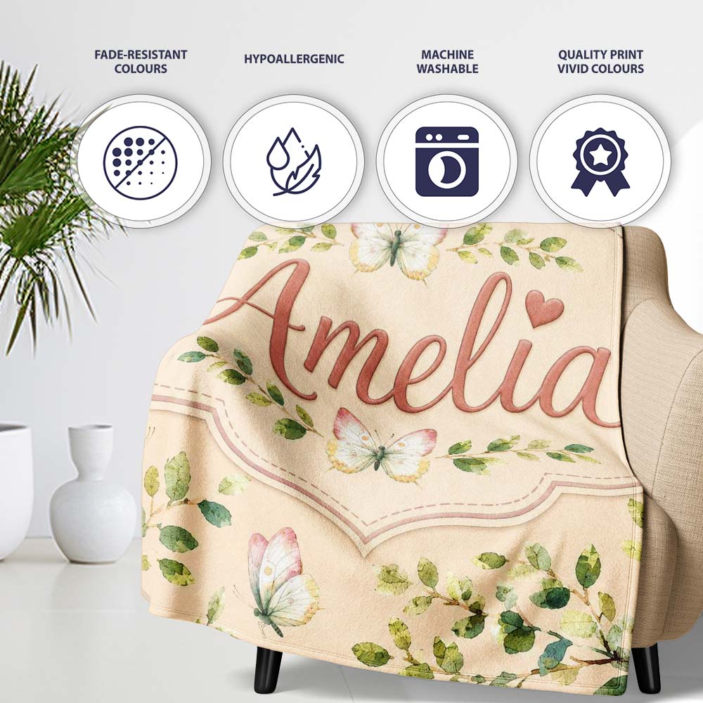 Elegant Watercolor Butterflies and Leaves on Neutral Beige Seamless  Personalised Custom Name Super Soft Fleece Blanket Bed Sofa Throw
