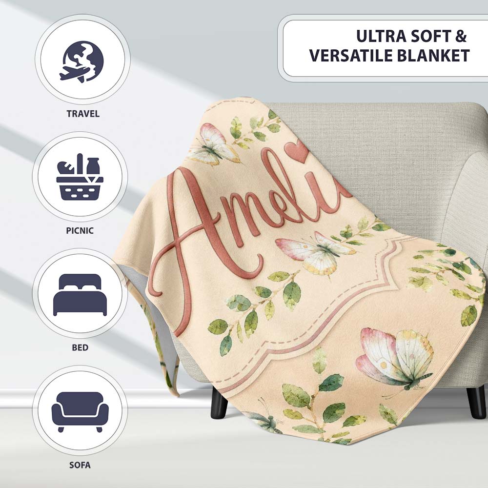 Elegant Watercolor Butterflies and Leaves on Neutral Beige Seamless  Personalised Custom Name Super Soft Fleece Blanket Bed Sofa Throw
