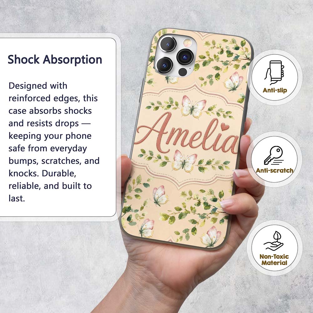 Elegant Watercolor Butterflies and Leaves on Custom Name Protective Phone Case Mobile Cover Durable Everyday Smartphone Shock Resistant