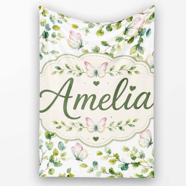 Watercolor Butterflies and Green Leaves on Soft Grey Seamless  Personalised Custom Name Super Soft Fleece Blanket Bed Sofa Throw