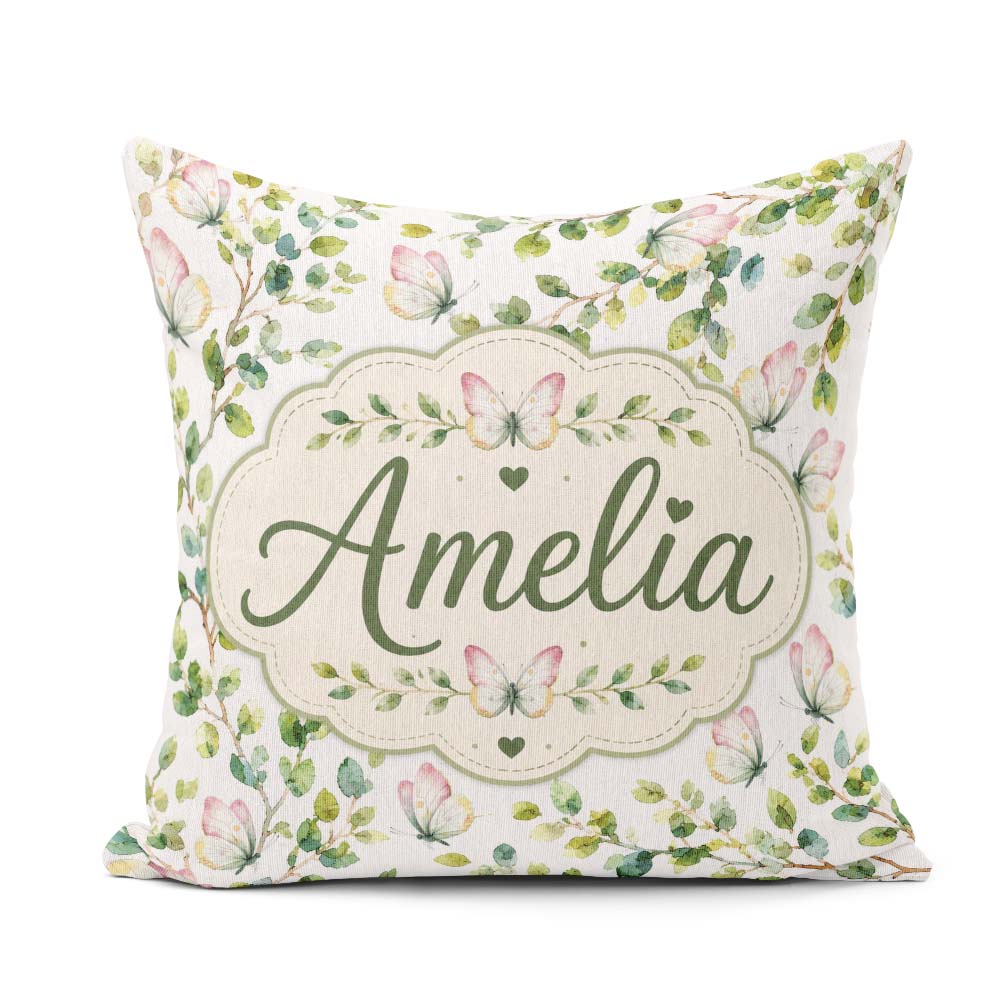 Custom Name Watercolor Butterflies and Green Leaves on Soft Grey Square Filled Cushion Throw Pillow Sofa Bed Home Decor Zip Washable UK Made