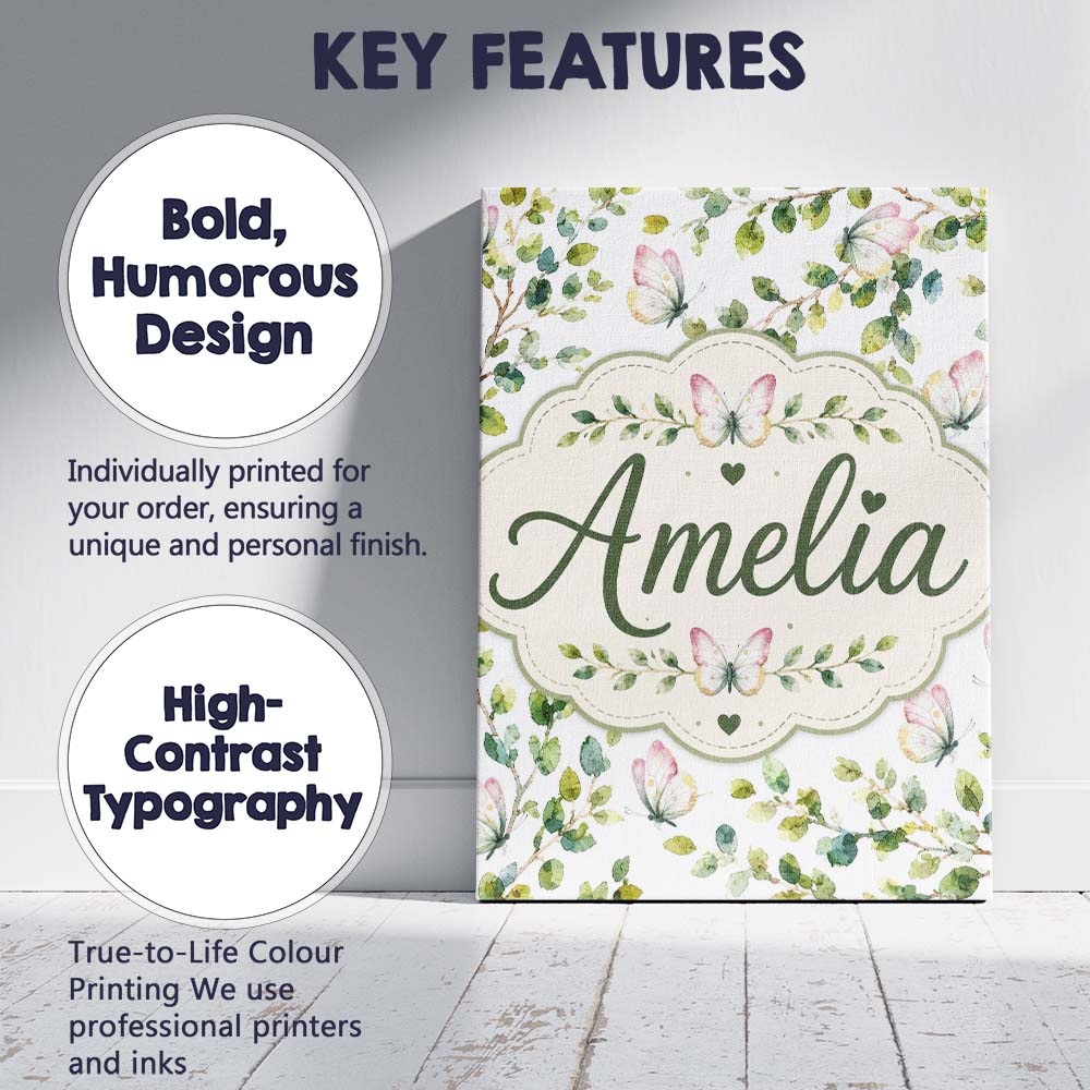 Personalised Name Watercolor Butterflies Custom  Unique Gift Idea Elegant Feature Canvas Wall Art Print Decor Picture Ready to Hang