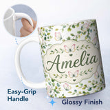 Personalized Custom Name Watercolor Butterflies and Green Leaves on Soft Grey Seamless 11oz Ceramic Coffee Tea Mug White Large Handle