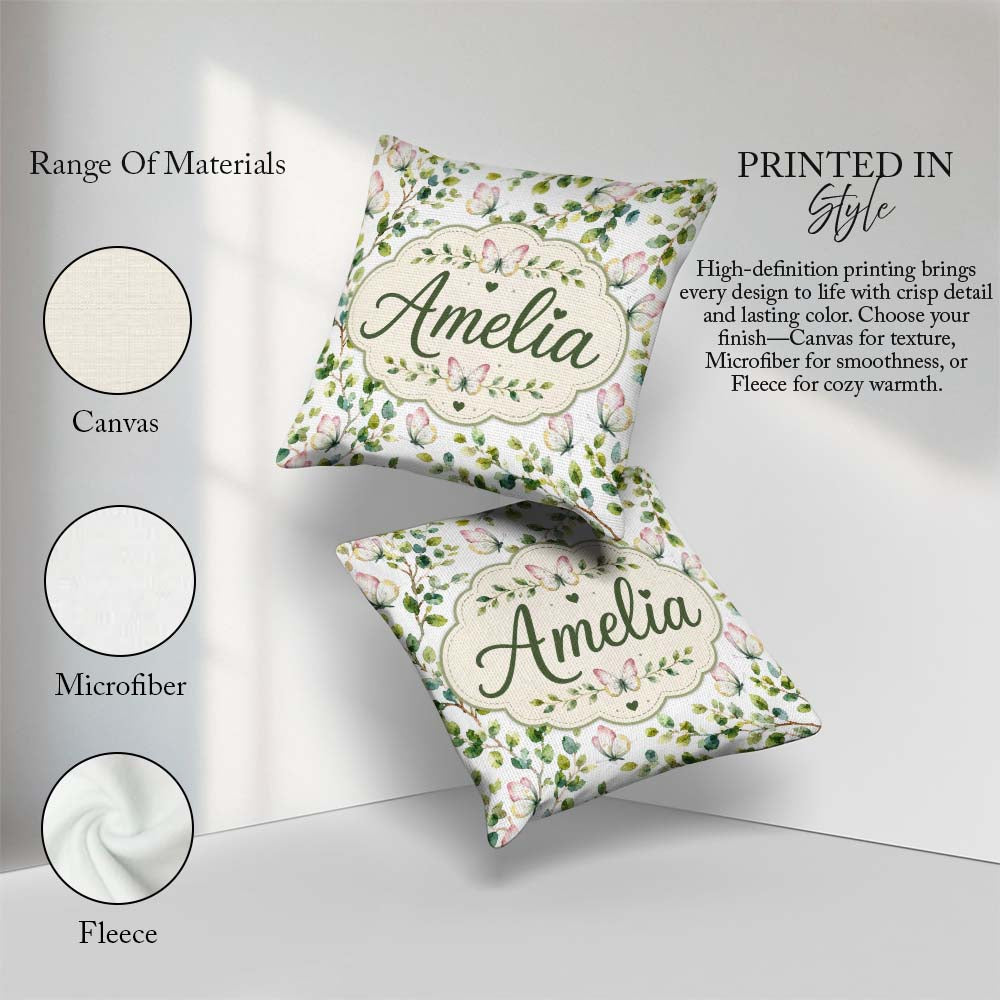 Custom Name Watercolor Butterflies and Green Leaves on Soft Grey Square Filled Cushion Throw Pillow Sofa Bed Home Decor Zip Washable UK Made