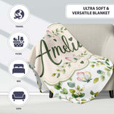 Watercolor Butterflies and Green Leaves on Soft Grey Seamless  Personalised Custom Name Super Soft Fleece Blanket Bed Sofa Throw