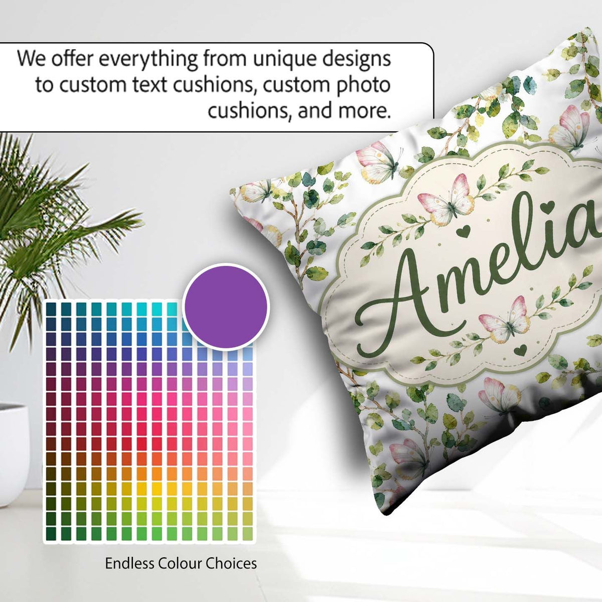 Custom Name Watercolor Butterflies and Green Leaves on Soft Grey Square Filled Cushion Throw Pillow Sofa Bed Home Decor Zip Washable UK Made